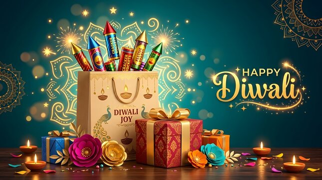 Happy diwali greeting with gift boxes and firecrackers