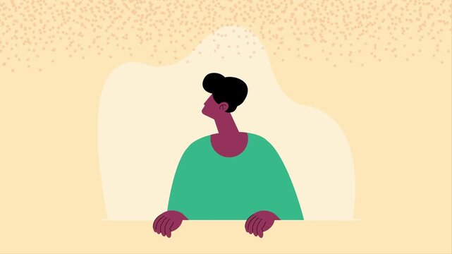 Animated man in green shirt looking to side on beige background with particles.