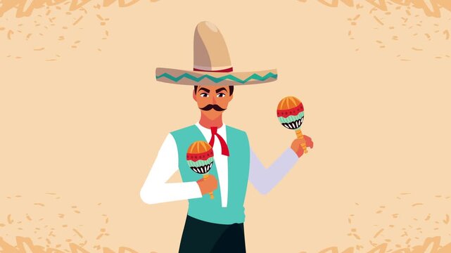 Mexican musician character wearing traditional sombrero playing maracas in festive motion clip.