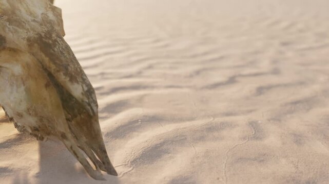 A skull is placed on dry sand in an open area as the sun sets. The light from the setting sun casts shadows and highlights the texture of the sand.