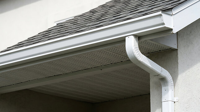 Close-up of house eaves and gutter system showing roof details and rainwater drainage components