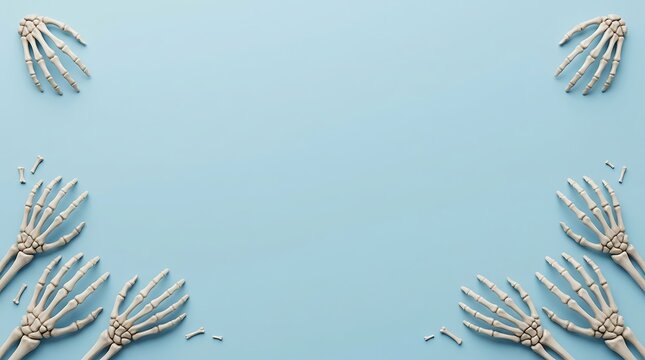 Flat lay composition of multiple human skeleton hands arranged around a light blue background