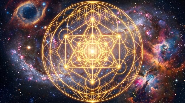 Golden sacred geometry symbols glowing in cosmic galaxy space