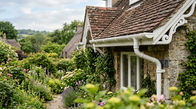 Charming cottage surrounded by lush greenery and vibrant garden in a peaceful rural setting