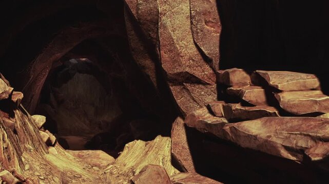 A path leads through a rocky cave in an underground area. Sunlight filters in through openings, casting shadows on the stone walls. Loose rocks are scattered along the ground.