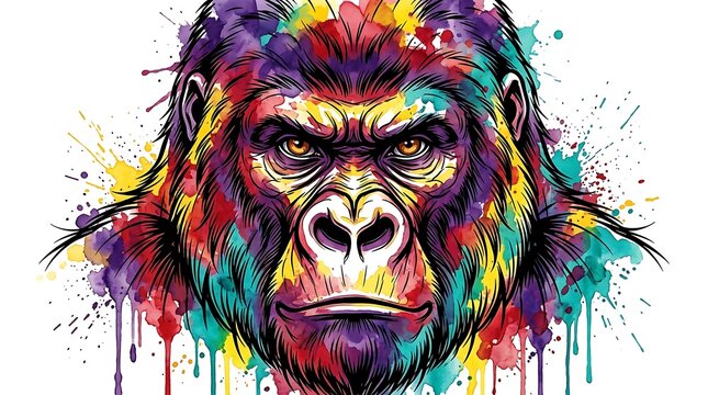Vibrant gorilla head illustration with rainbow watercolor splashes