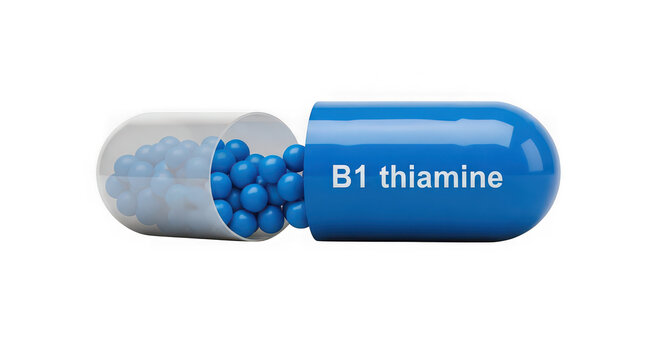 Blue b1 thiamine vitamin capsule pill filled with small beads isolated on transparent background