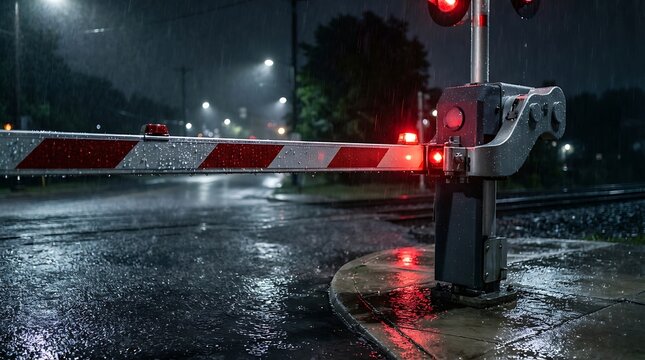 Railway crossing barrier closed at night during rainstorm with red signal lights reflecting on wet ground