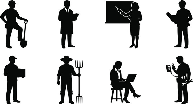 Set of diverse professional occupation silhouettes representing different careers and essential workforce jobs