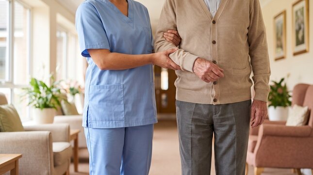 Medical nurse caregiver worker, with blue uniform scrubs, walking supporting elderly patient, in senior care home, healthcare service photography