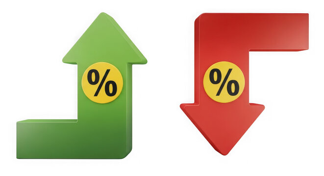 Green up and red down percent arrows showing financial growth and loss isolated on transparent background