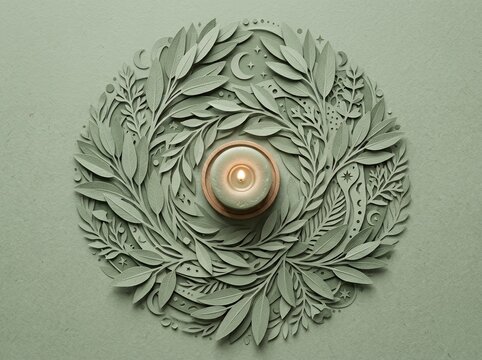 Lit candle centered in green papercut leaf wreath
