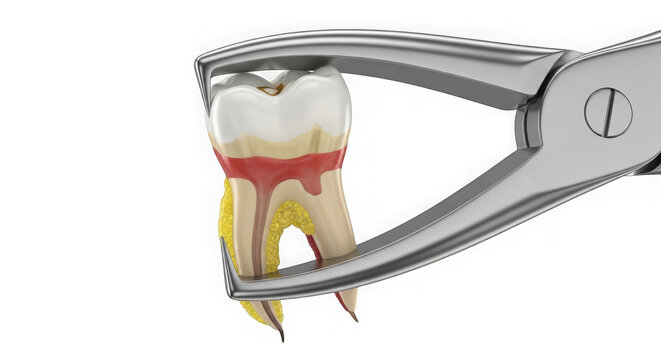 Dental forceps pulling a tooth with roots and decay showing isolated on transparent background