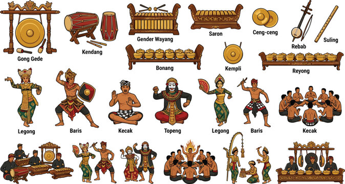 Traditional Balinese Gamelan Musical Instruments and Cultural Dance Vector Set Featuring Legong Baris Kecak Performers and Gong Graphics for Indonesian Tourism Designs