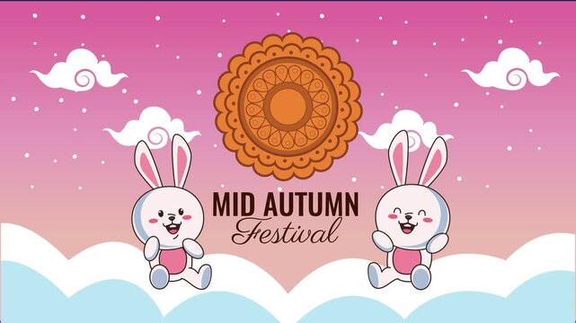 Cute cartoon rabbits celebrate mid autumn festival with mooncake illustration.