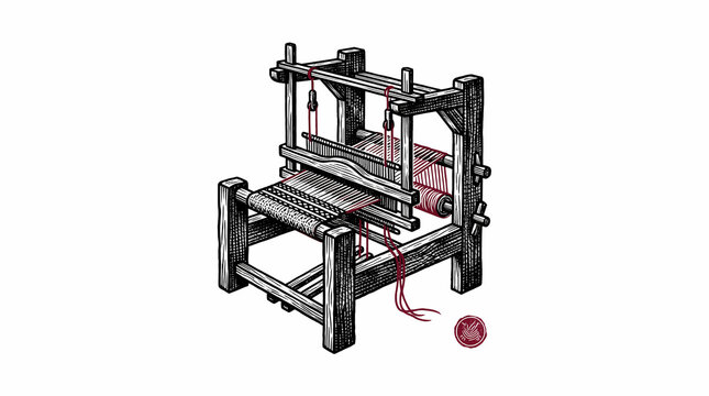 Traditional Wooden Handloom with Red Thread Ball in Vintage Woodcut Engraving Style