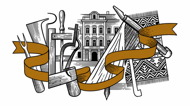 Traditional Crafts and Architecture Vintage Engraving with Ribbon Banner and Artisan Tools