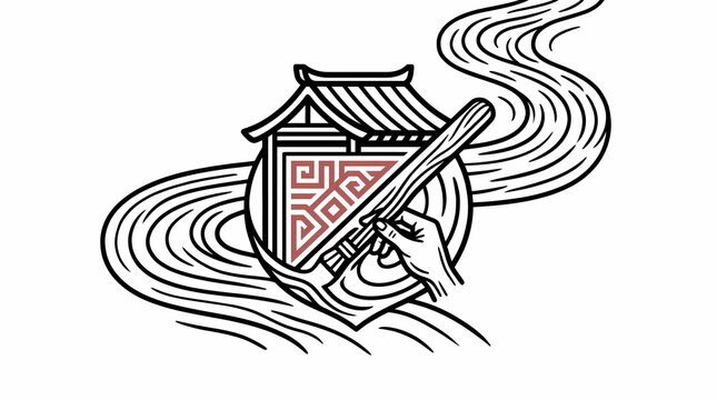 Traditional Asian Craftsmanship and Calligraphy Painting Brush with Pagoda Temple in Vintage Engraving Style