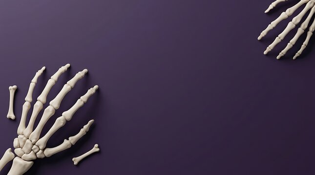 Human skeletal hand bones isolated on a dark purple background for halloween theme