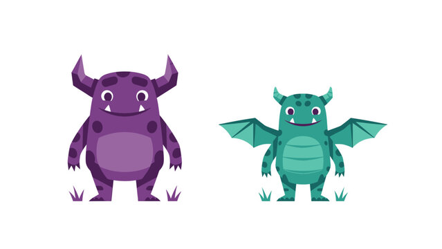 Two cute cartoon monsters, one purple with horns and one green dragon-like creature with wings, standing on grass.