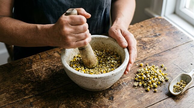 Person grinding dried chamomile flowers in a stone mortar and pestle