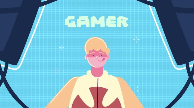 Young male gamer character animation with pixel art text and tech background.