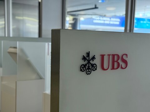 Geneva, switzerland - June 13 2025: The UBS Bank logo consisting of three keys and the letters UBS are shown against a white background