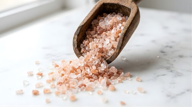 Pink Himalayan salt spilling from a wooden scoop on a white marble table