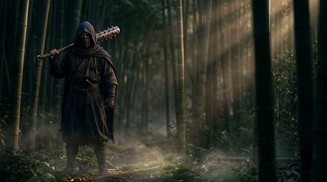 Mysterious hooded ninja standing in a dark bamboo forest holding a heavy spiked metal club with dramatic golden lighting effect