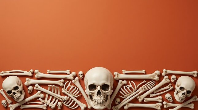 Human skulls and various bones arranged on an orange background