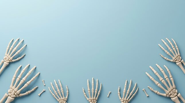 Multiple human skeletal hands arranged on a soft blue background
