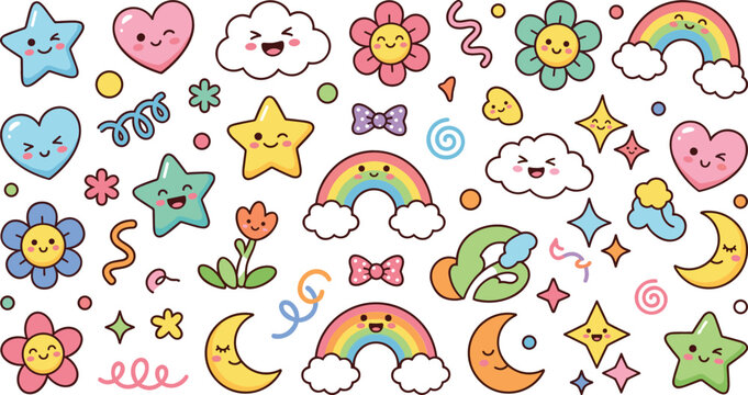 Cute Kawaii Sticker Element Vector Set Featuring Pastel Rainbows, Smiling Clouds, Stars, Hearts, and Flowers for Children Nursery Graphic Designs