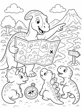 Cute cartoon Parasaurolophus dinosaur holding map guiding baby dinosaurs, kids educational activity book coloring page vector illustration