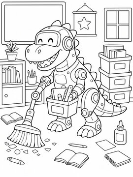 Cute cartoon T-Rex dinosaur robot cleaning classroom with broom, kids educational activity book coloring page vector illustration