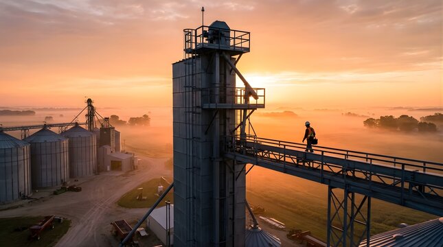 Worker walking on grain elevator catwalk at sunrise in a misty rural area