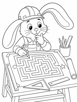 Cute cartoon rabbit builder drawing maze puzzle on blueprint drafting table, kids educational activity book coloring page vector