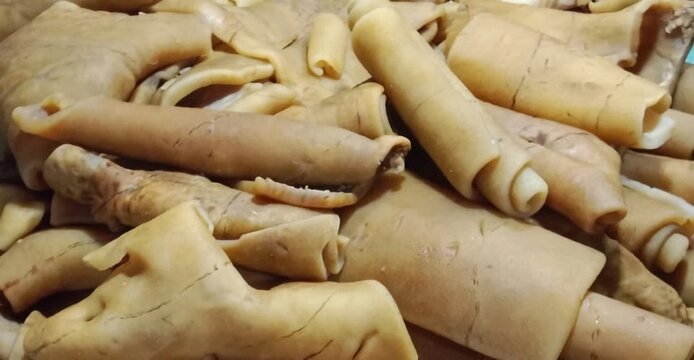 Raw Indonesian cattle skin crackers ingredient known as krecek ready for cooking