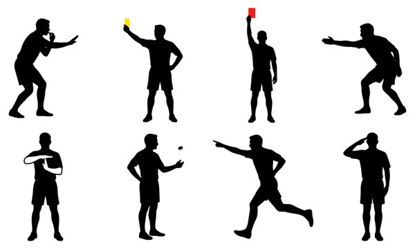 Football soccer referee silhouettes blowing whistle showing yellow red card flipping coin signaling penalty timeout and directing players