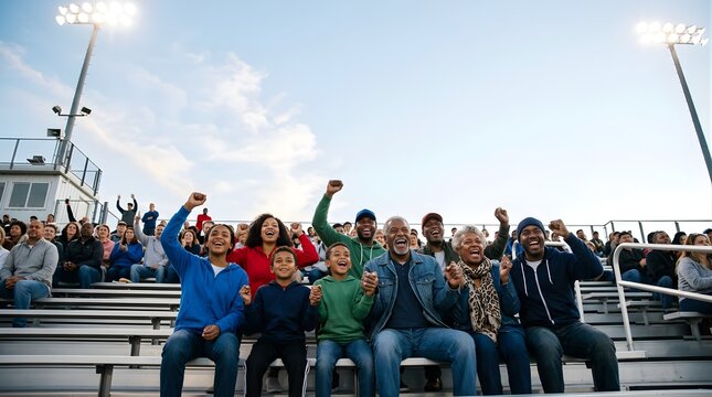 Diverse group of people cheering together in stadium bleachers at sunset