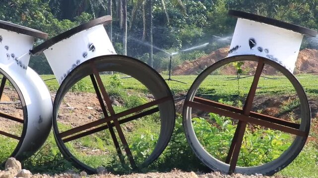Sprinkler watering method. Flexible for various types of plants. Sprays water in the form of droplets