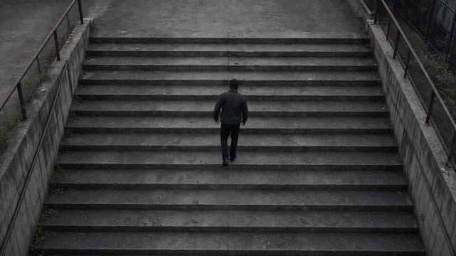 Man in Black Suit Walking Upstairs in a Somber Urban Environment