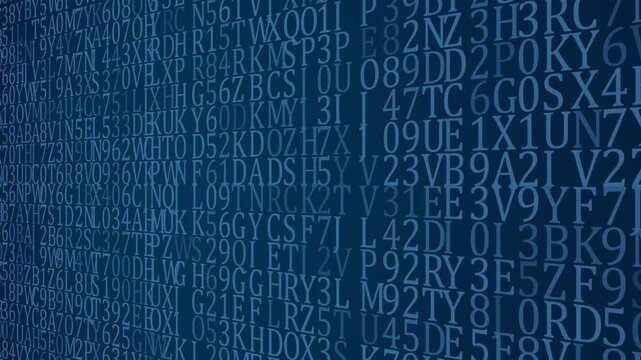 Abstract data background featuring scrolling blue digital code with random alphanumeric characters representing computer programming encryption cybersecurity and tech systems.