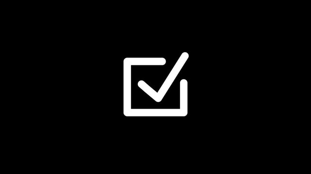 Minimalist square shape animating into checkmark symbol motion graphics isolated on black background for user interface design tasks validation completion visual asset clip.