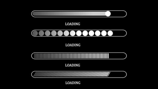 Loading bar progress creative motion graphics video animation, four different white bars indicating data loading status on solid black background footage.