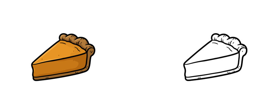 Pumpkin pie slice vector illustrations with crust in colored cartoon and black outline line art styles isolated on plain white background for thanksgiving menu