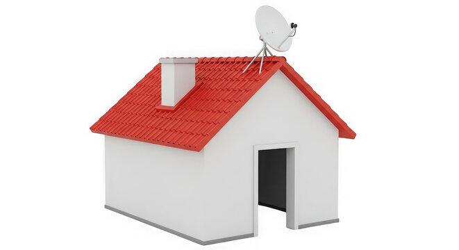 Small house icon with a red roof and a satellite dish on top isolated on transparent background