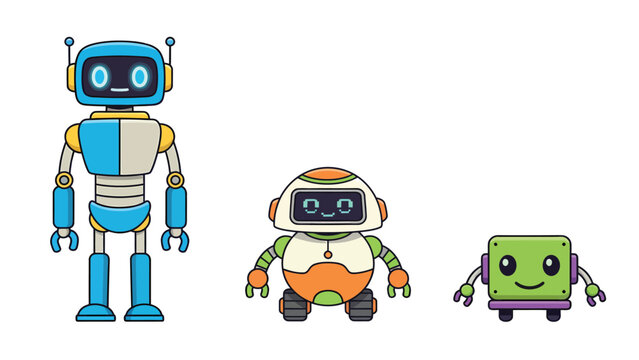 Three cartoon robots of different sizes and colors standing next to each other on a white background.