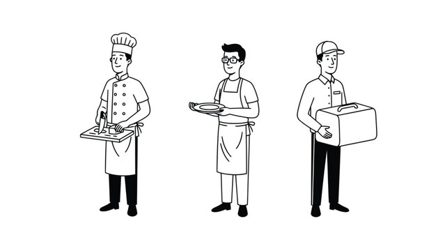 Three essential service workers: a chef, a waiter, and a delivery person, illustrating various roles in the food and service industry.
