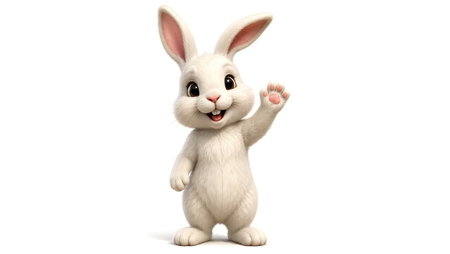 Cute 3D cartoon white rabbit character standing and waving isolated on white background