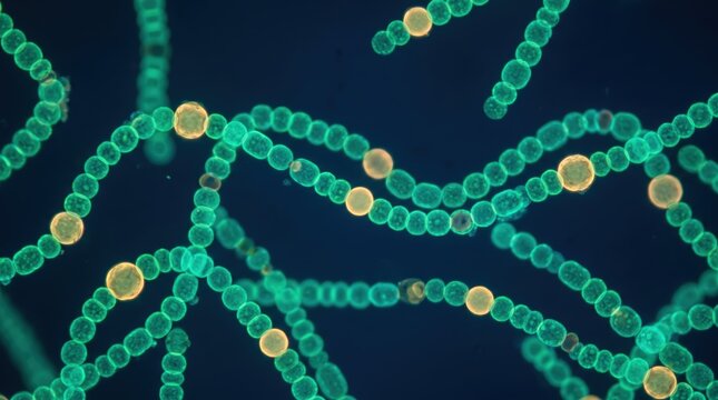 Microscopic view of cyanobacteria filaments with orange heterocysts